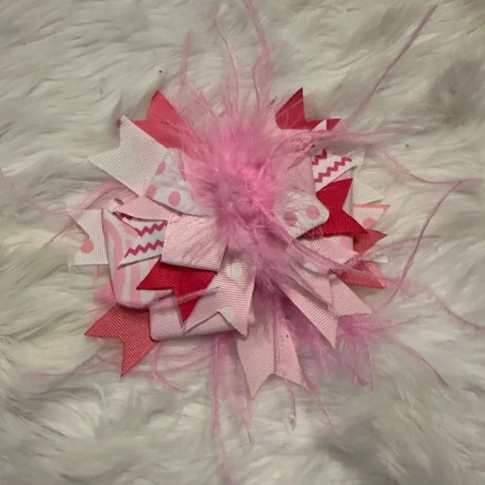 Pink Polka Dot Super Deluxe Bows w/ Feather Accents  7499  Handmade NWT Boutique
